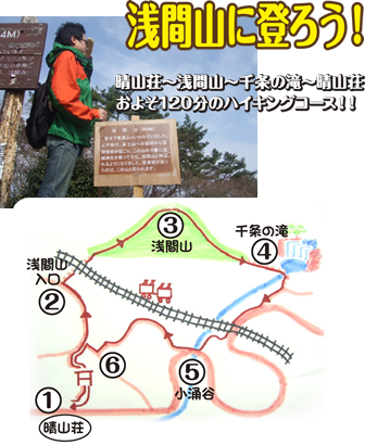 浅間山に登ろう！晴山荘～浅間山～千条の滝～晴山荘 およそ120分のハイキングコース！！