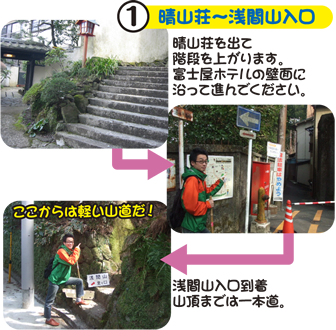 1.晴山荘～浅間山入口 晴山荘を出て階段を上がります。富士屋ホテルの壁面に沿って進んでください。ここからは軽い山道だ！浅間山入口到着、山頂までは一本道。